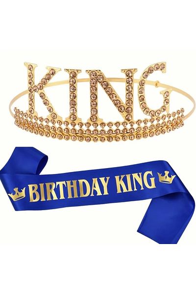 Store ? Gold Color Stone Birthday Crown with "King" Written and Blue Belt with "Birthday King" Written – Male Birth