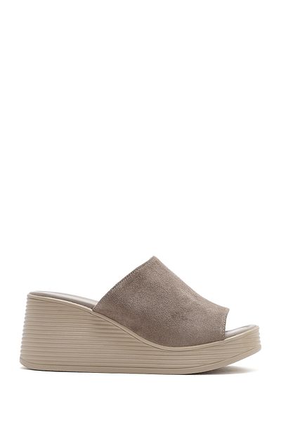 Derimod Women's Gray Wedge Heeled Suede Leather Slippers 25Sfd 181010