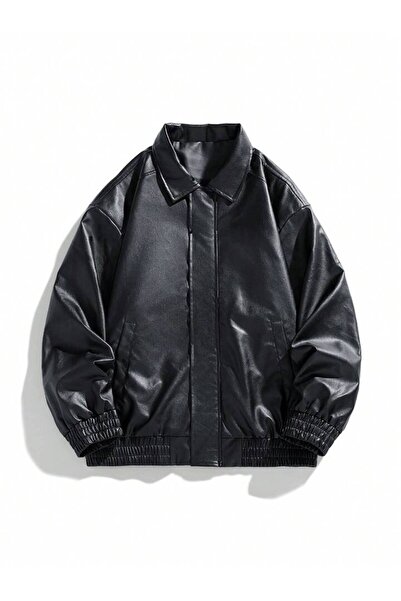 çerme Винтидж от 90-те - Черно кожено палто с голям размер