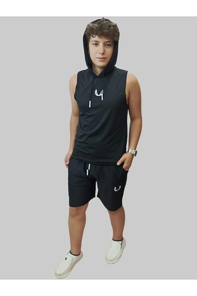daniel milano Men's Lette Hooded Emblem Flexible Sleeveless Black Shorts Suit