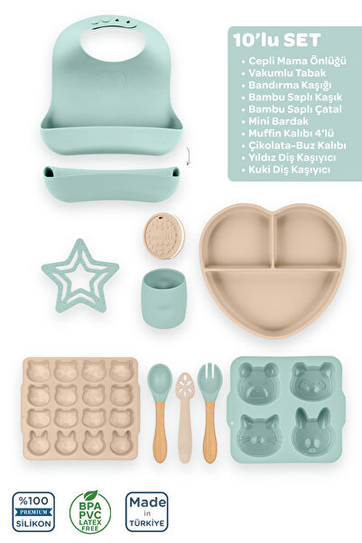 Moki Silikon 10’lu Set Latte Bej-Spring Yeşil / Önlük, Tabak, Kaşık, Bardak, ...