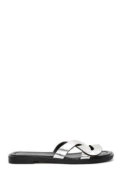 Derimod Women's Gray Metallic Leather Slippers 25Sfd 361532