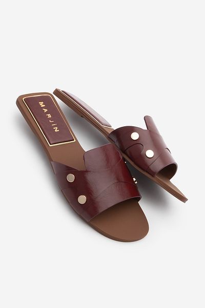 Marjin Women's Gold Studded Banded Casual Slippers Vimase Claret Red