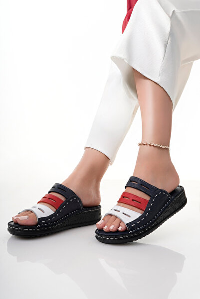 Deripabuc Genuine Leather Navy Blue Women's Leather Slippers Dp16-0302