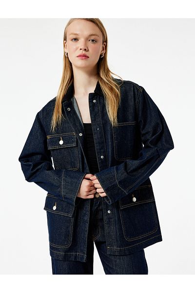 Koton Long Sleeve Pocket Detailed Shirt Collar Denim Jacket