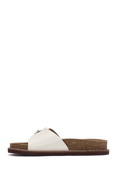 Derimod Women's White Buckle Leather Slippers 25Sfd 306318