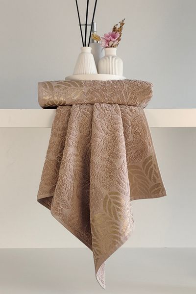 Sevim 2-Piece Jacquard Leaf Patterned 100% Cotton Hand Face Towel-50X90Cm-Cappuccino