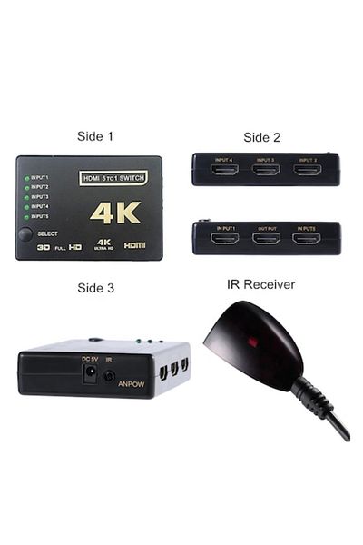HOPE R HDMI 2.0 switch HDCP 2.2, 4Kx2K@60Hz, RGB 4:4:4, HDR10, 5 inputs 1 output, IR remote control, black, H