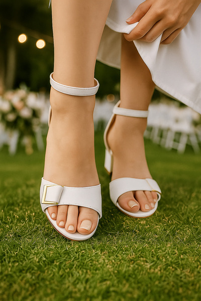Nstil Günlük Kadın Beyaz Sandalet Tokalı Kalın Topuklu Bantlı Bilekten Bağlı ...