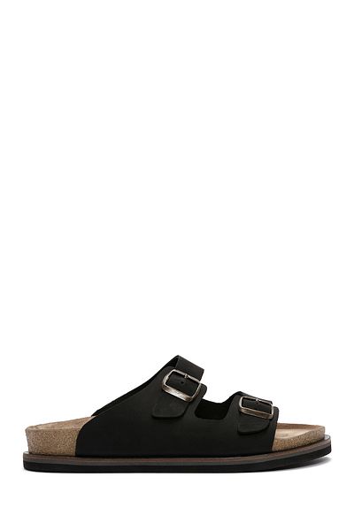 Derimod Men's Black Buckle Nubuck Leather Slippers 25Sfd6255V3