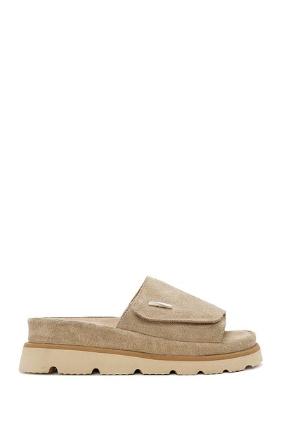 Derimod Women's Beige Suede Leather Slippers 25Sfd 152310