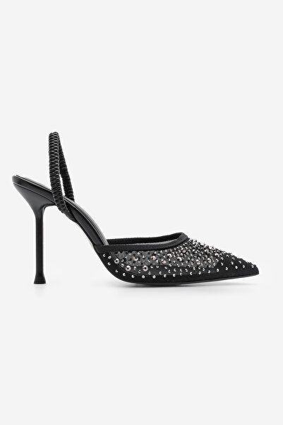 Marjin Pantofi cu toc cu elastic la spate din plasă cu strasuri cu vârf ascuțit pentru femei Margi Black