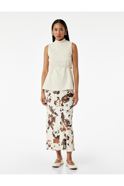 Koton Patterned Long Satin Skirt with Belt Detail