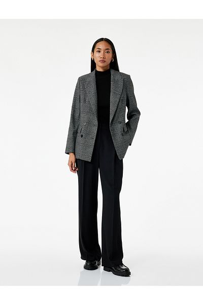 Koton Long Sleeve Pocket Double Breasted Plaid Blazer Jacket