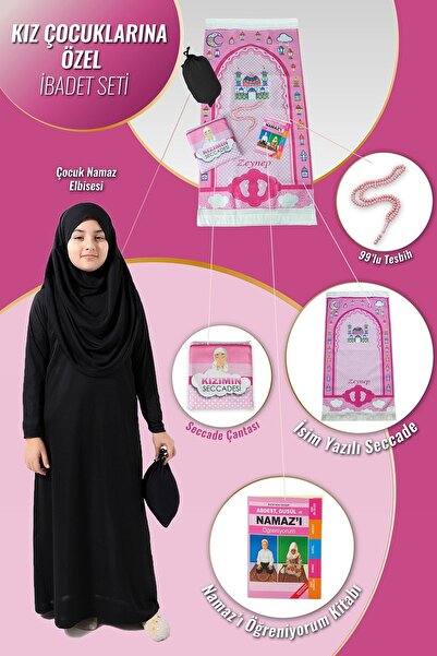 ihvan online Çantalı Kız Çocuk Namaz Elbisesi, İsimli Seccade, Tesbih ve Namaz Öğreniyorum Kitabı Seti - Siyah
