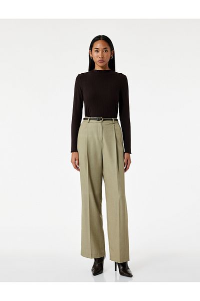 Koton Pleated High Waist Belted Palazzo Trousers with Pockets