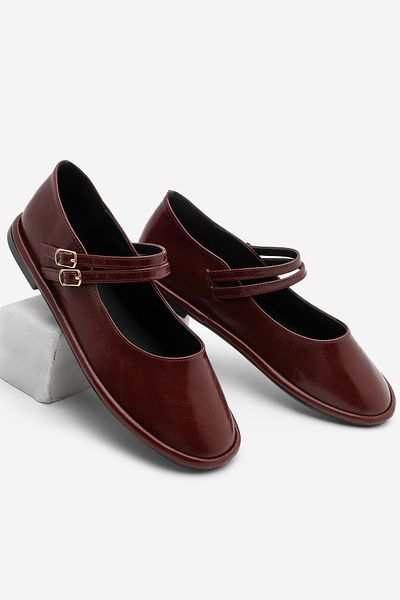 Marjin Women's Double Strap Buckle Ballerinas Larzen Claret Red