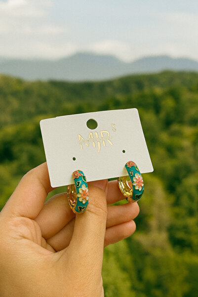 hexelle jewellery Mavi Mineli Küpe Çiçek Desenli Renkli Mine Detaylı Halka Küpe
