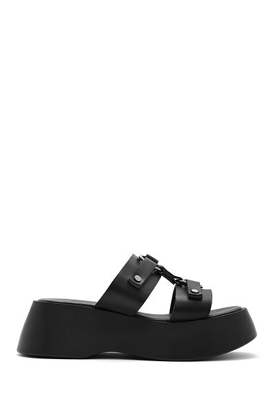 Derimod Women's Black Thick Soled Leather Slippers 25Sfd 152418
