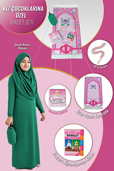 ihvan online Çantalı Kız Çocuk Namaz Elbisesi, İsimli Seccade, Tesbih ve Namaz Öğreniyorum Kitabı Seti - Yeşil