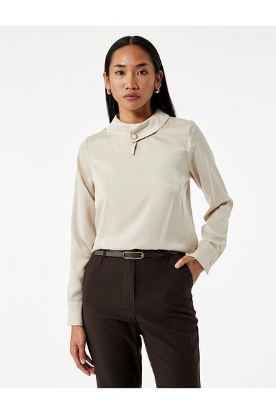 Koton Asymmetrical Neckline Long Sleeve Satin Blouse