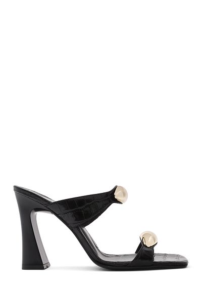 Derimod Women's Black Crocodile Patterned Leather High Thick Heeled Slippers 25Sfd1610E3