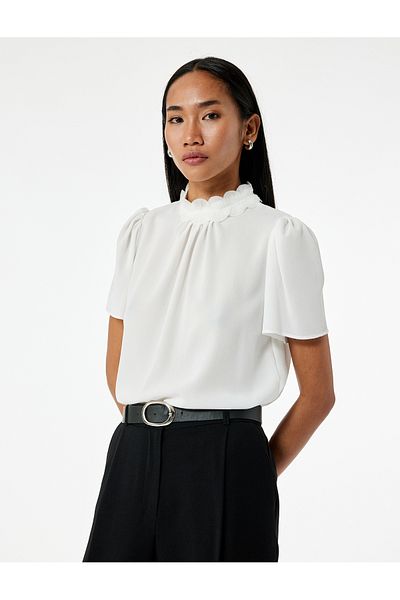 Koton Ruffled Stand Collar Short Sleeve Blouse