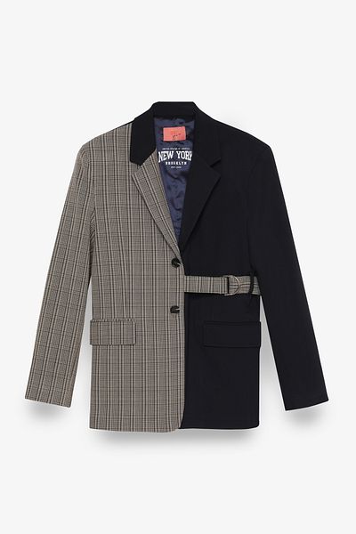 Quzu Plaid Garnished Belt Detailed Oversize Blazer Jacket Navy Blue