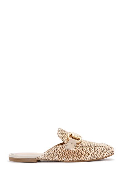 Derimod Women's Beige Buckle Detailed Straw Leather Slippers 25Sfd2002M7
