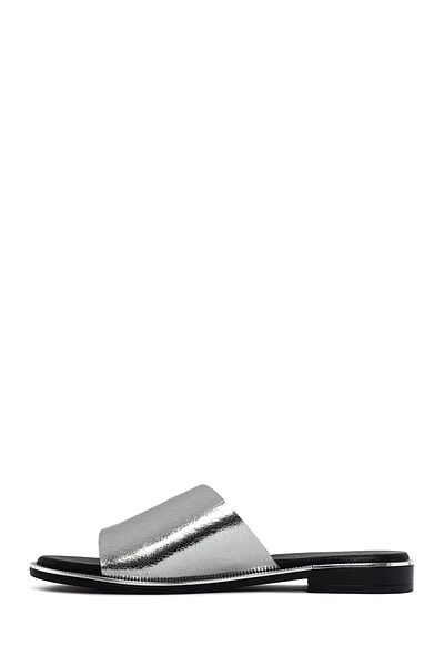 Derimod Women's Silver Metallic Leather Slippers 25Sfd360032