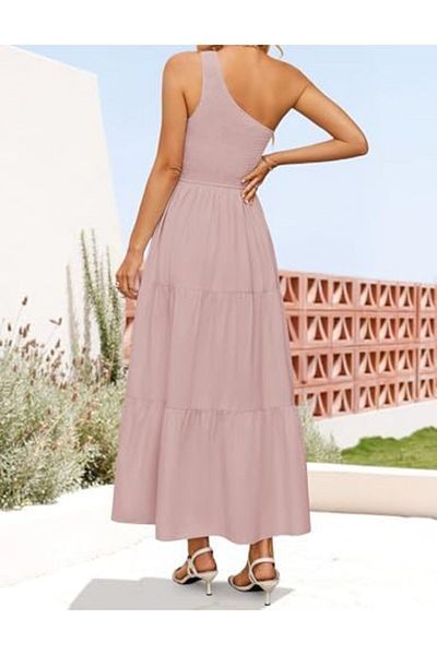 ZESICA 2023 Bohemian Summer Floral Print One Shoulder Sleeveless Smocked Ruffle Tiered Beach dress