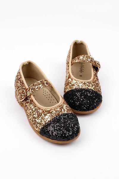 Le Mabelle Gold Sequin Buckle Shoes for Girls