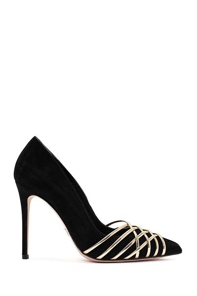 Derimod Women's Black Thin Heeled Suede Leather Heeled Shoes Stiletto Genuine Leather Evening Dress Shoes