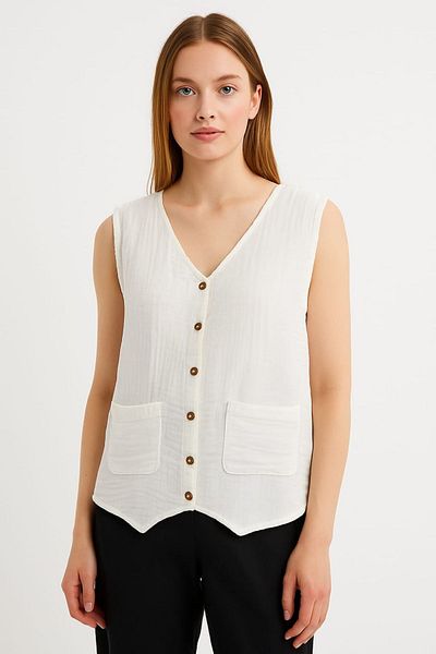 enmodaiçgiyim Women's Ecru Vest – 100% Cotton Muslin Fabric, Buttoned, Two Pockets, Summer Stylish Design
