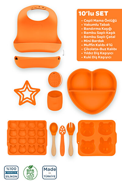 Moki Silikon 10’lu Set Sunset Turuncu / Önlük, Tabak, Kaşık, Çatal, Bardak, B...