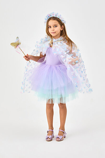 Le Mabelle Blue Butterfly Appliqued Girl's Cape Scepter Crown Set