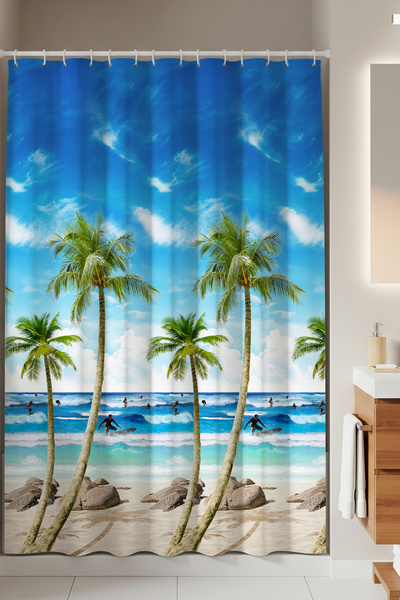 Tropikhome Banyo Perdesi Palmiye Desen Banyo Perdesi Yerli Üretim 180x200 Cm ...
