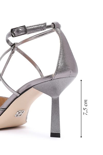 Derimod Women's Gray Ankle Strap Thin Heeled Metallic Leather Shoes 24Wfd 122732