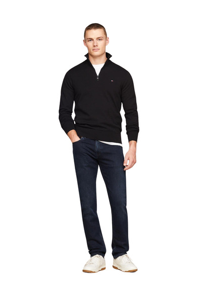 Tommy Hilfiger Men's Brand Logo Organic Cotton Blended Half Zipper Stylish Black Sweats