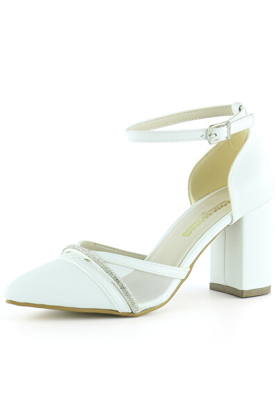 Erkan Saçmacı Molly White Pointed Toe Stoned Mesh Thick Heeled Evening Dress Bridal Shoes
