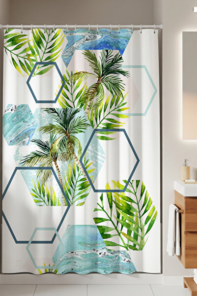Tropikhome Banyo Perdesi Palmiye Desen Dijital Baskılı Duş Perde Polyester Ku...