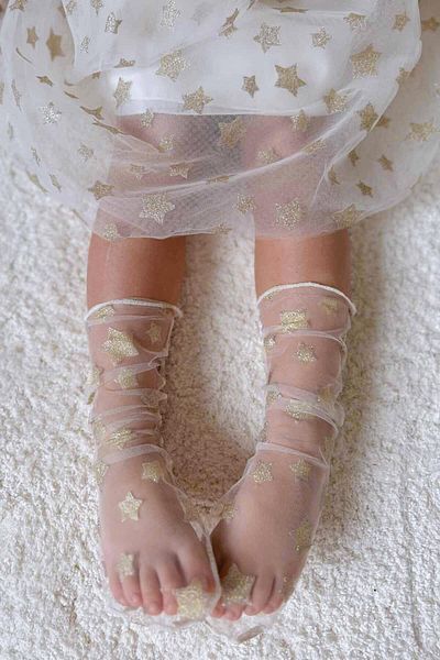 Le Mabelle White Star Detailed Tulle Socks for Girls