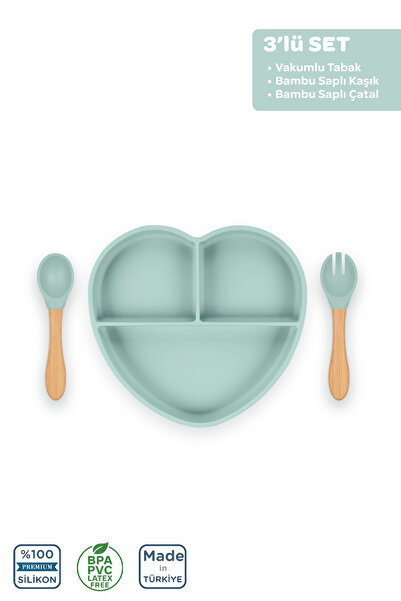 Moki Silikon Beslenme Seti 3'lü Spring Yeşil / Mama Tabağı, Bambu Saplı Mama ...