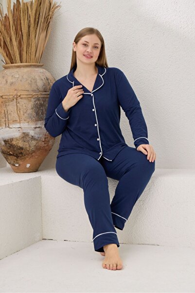 pijamacity Büyük Beden Kadın İndigo Uzun Kollu Pamuklu Düğmeli Biyeli Pijama Takımı