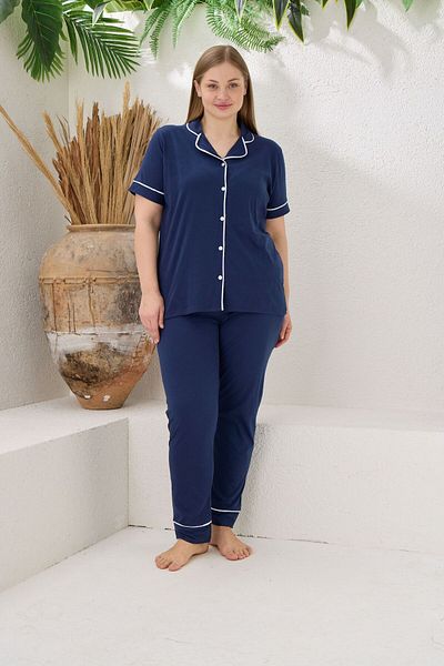 PİJAMOOD Indigo Cotton Short Sleeve Large Size Pajama Set - Front Buttoned and Piping