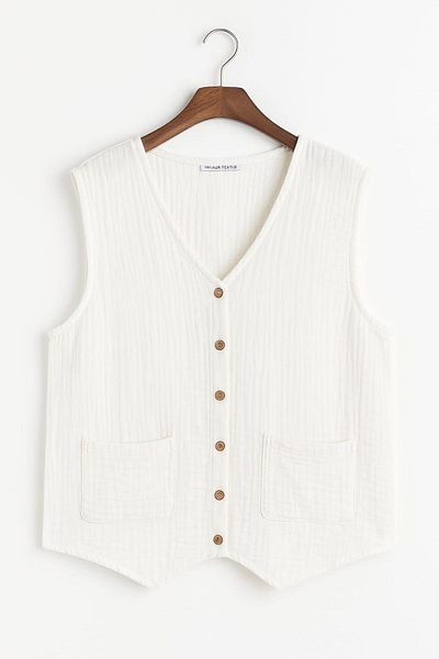 enmodaiçgiyim Women's Ecru Vest – 100% Cotton Muslin Fabric, Buttoned, Two Pockets, Summer Stylish Design