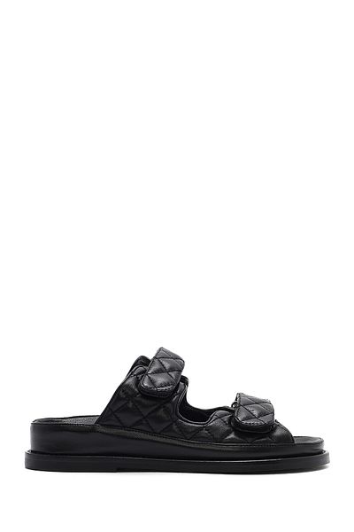 Derimod Women's Black Banded Quilted Patterned Leather Slippers 25Sfd2301Kp