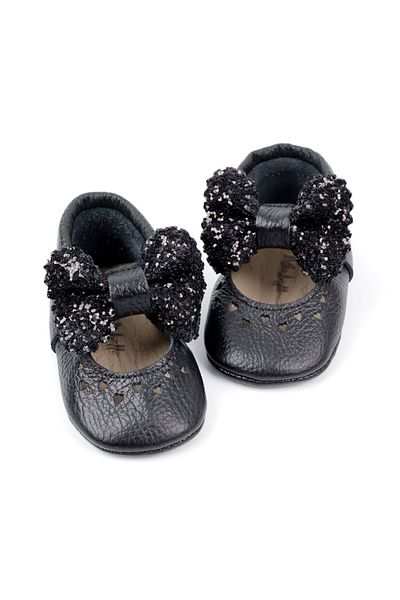 Le Mabelle Black Sequined Bow Leather Baby Girl Moccasin