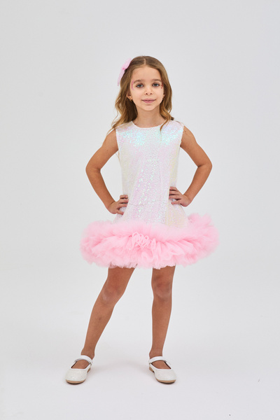 Le Mabelle White Sequined Girl's Dress with Tulle Hem - Evie
