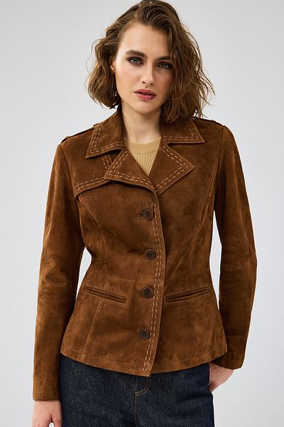 Derimod Giselle Women's Tan Short Suede Leather Jacket 24Wgd 525210